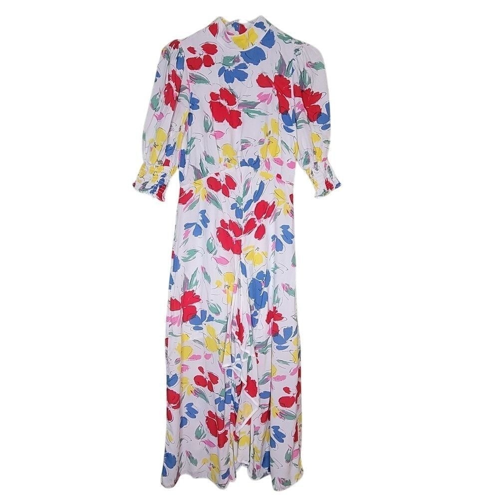 Rixo x Target Maxi Dress 4 Floral Puff Sleeve Ruffle Front Mock Neck Tropical